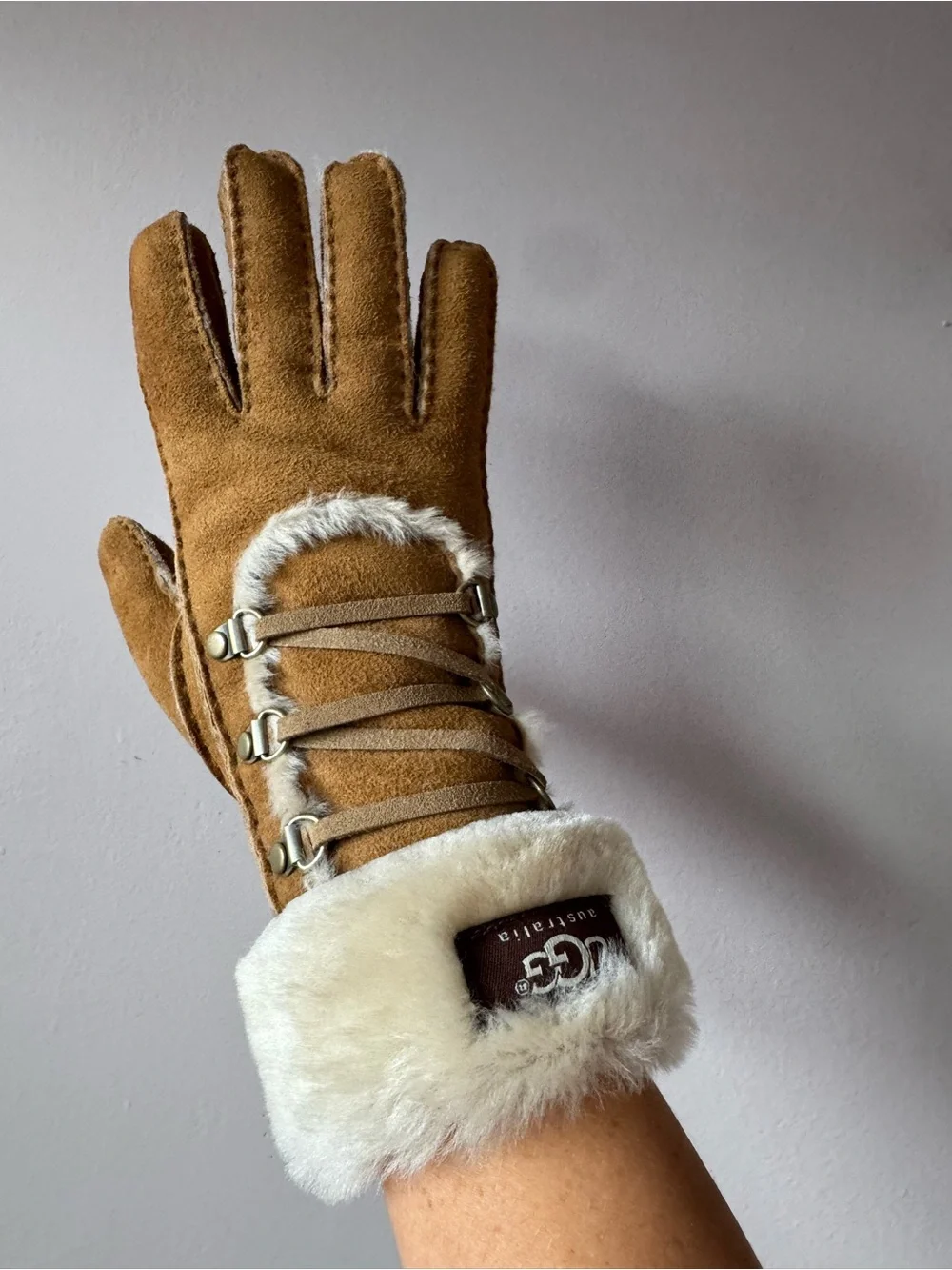 UGG Women’s Igloo Suede Sheepskin Shearling Lined Gloves Chestnut Size Small
